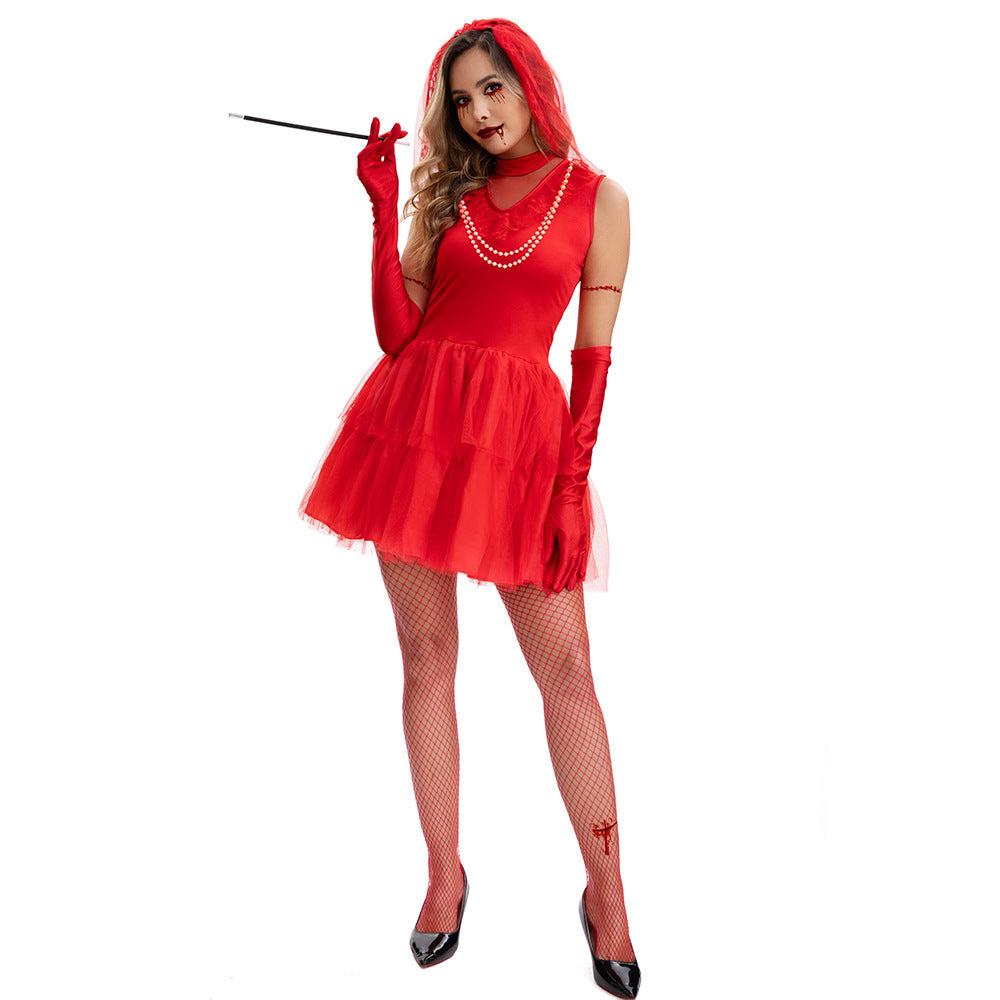 Rood Geest Lijk Bruid Kostuum Rode Bruiloft Jurk Halloween