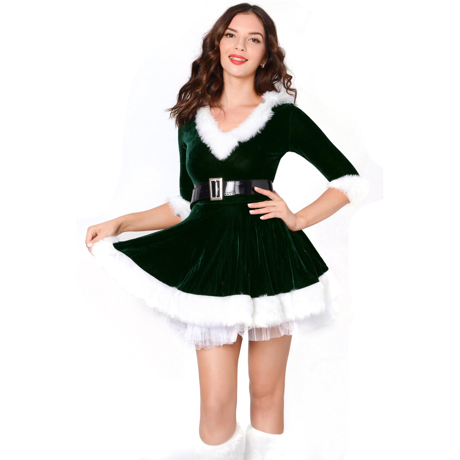 Dames Kerstkostuum Rood en Groen Santa Fluwelen Kerst Hoodie Jurk