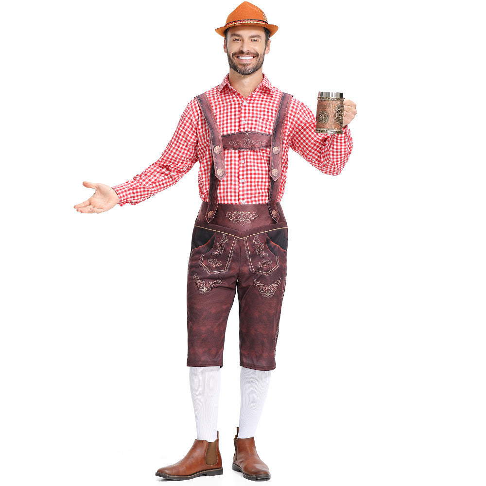 Heren Beierse Lederhosen Oktoberfest Overalls Geruit Overhemd Kostuum