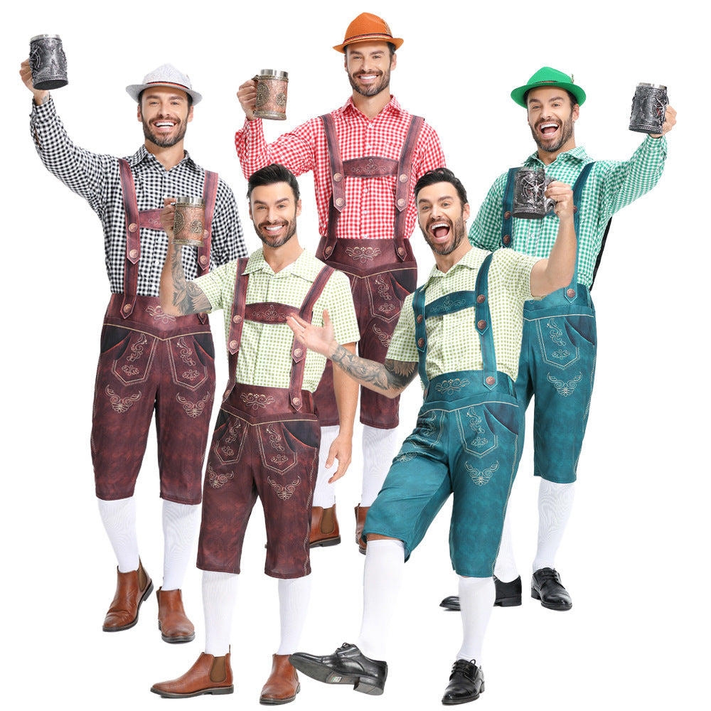 Heren Beierse Lederhosen Oktoberfest Overalls Geruit Overhemd Kostuum